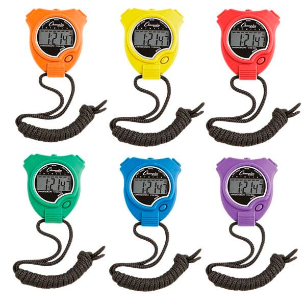 Champion Sports Water Resistant Sports Stopwatch Set, 1/100th Seconds, Plastic, Multiple Color, Set of 6 018822